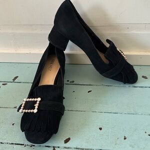 Nine West Size 9M Wisemove Suede Block Heel Jewel Buckle Kiltie Loafers